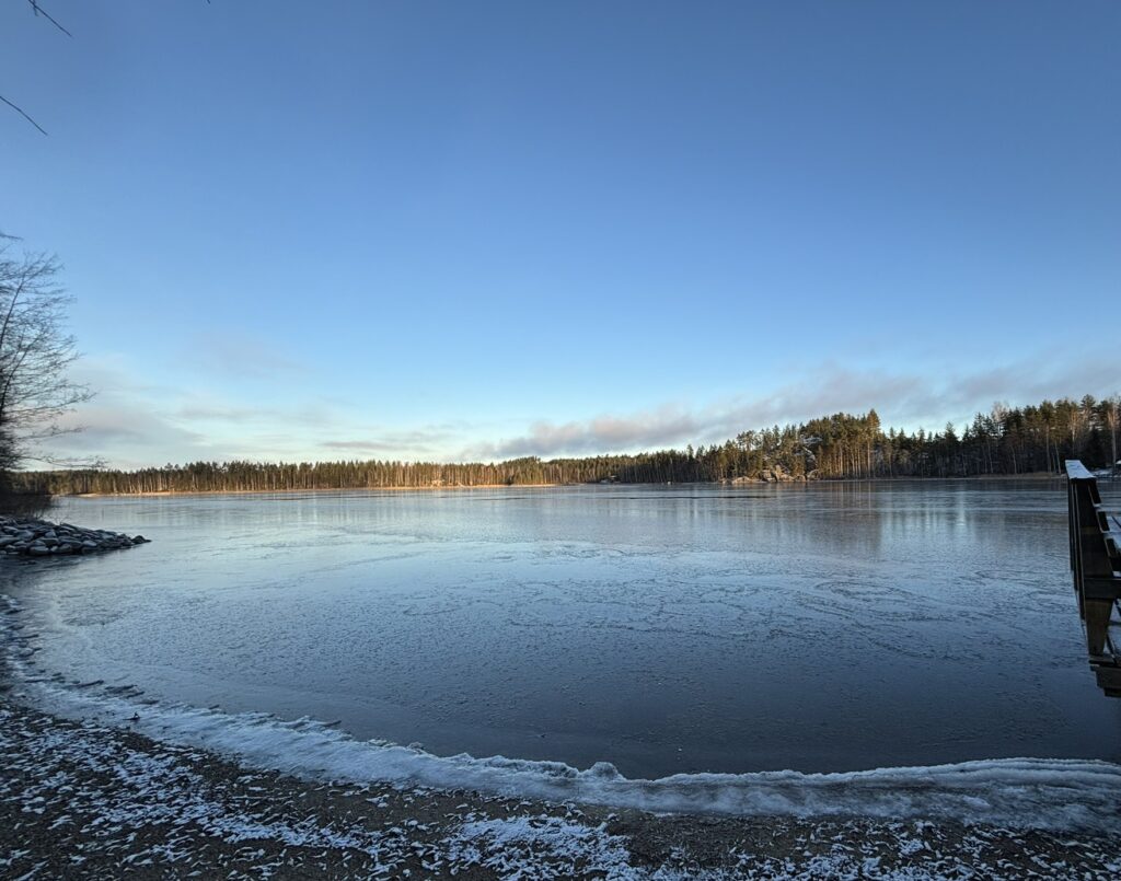 Lake Saimaa beginning to freeze in early winter in Puumala